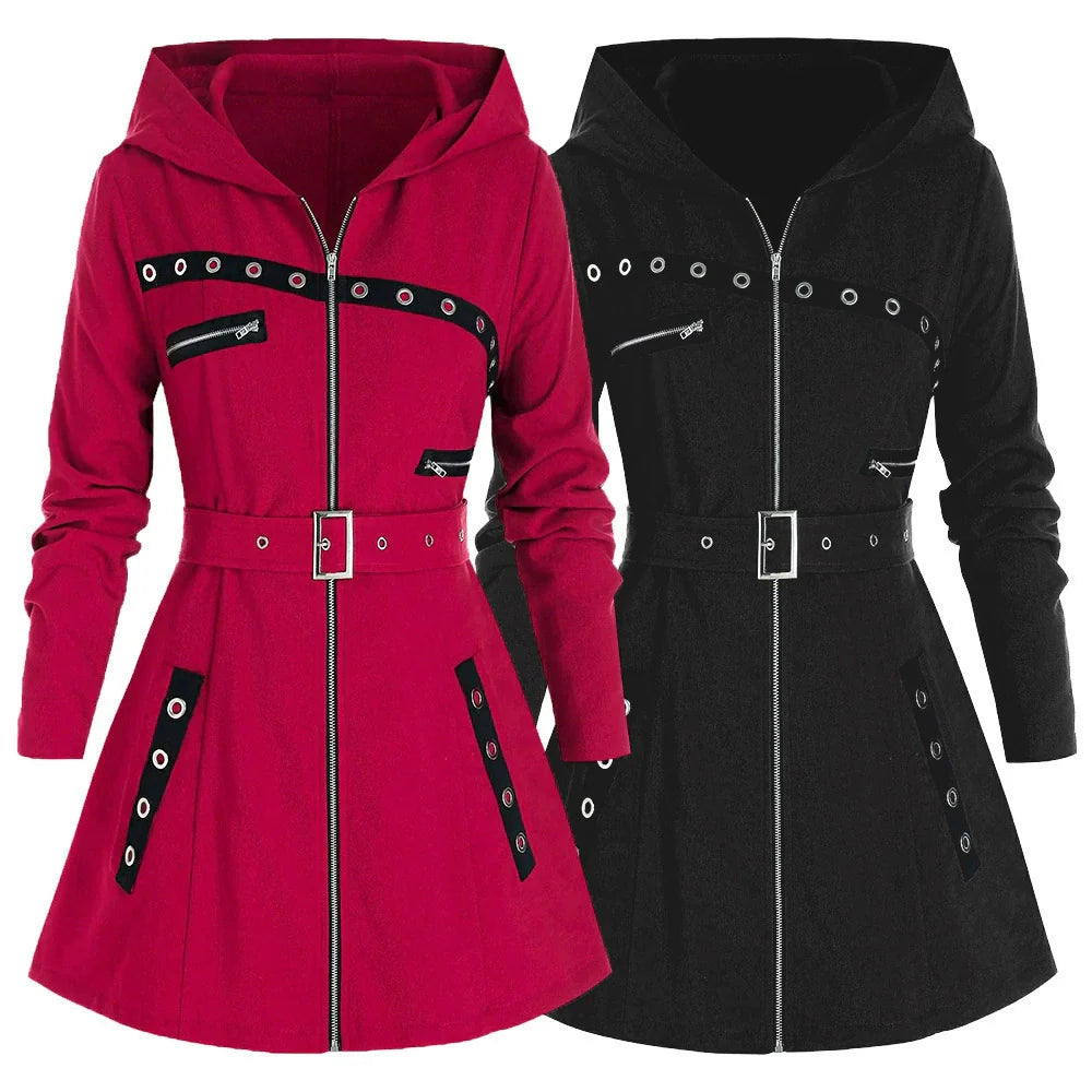 Women’s Hooded Coat – Slim Fit – Asymmetrical Hem – Metallic Zippers – Mid-Thigh Length