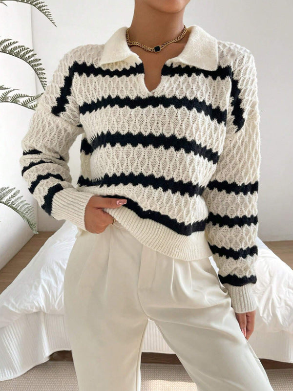 Women’s Pullover Sweater – Relaxed Fit – Knit Striped – Polo Collar – Hip Length