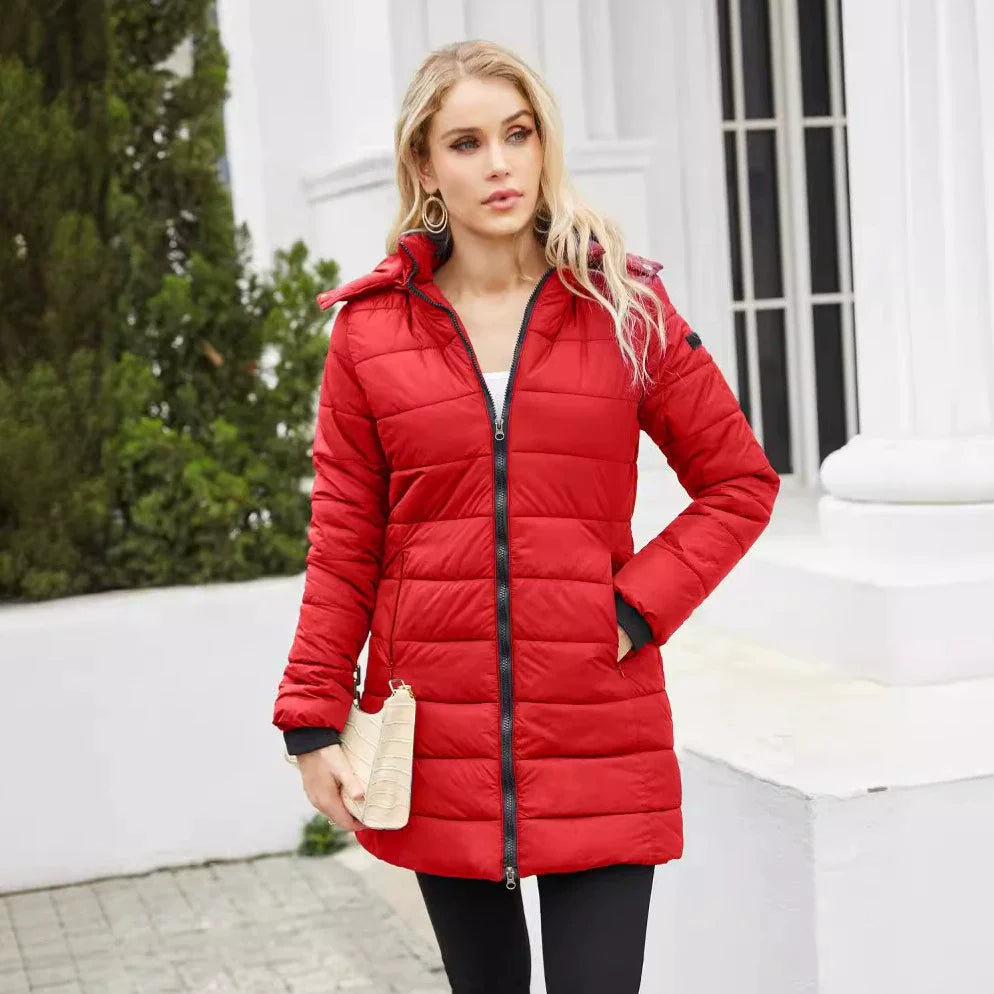 Women’s Puffer Jacket – Quilted Insulation – Detachable Hood – Mid-Length Fit