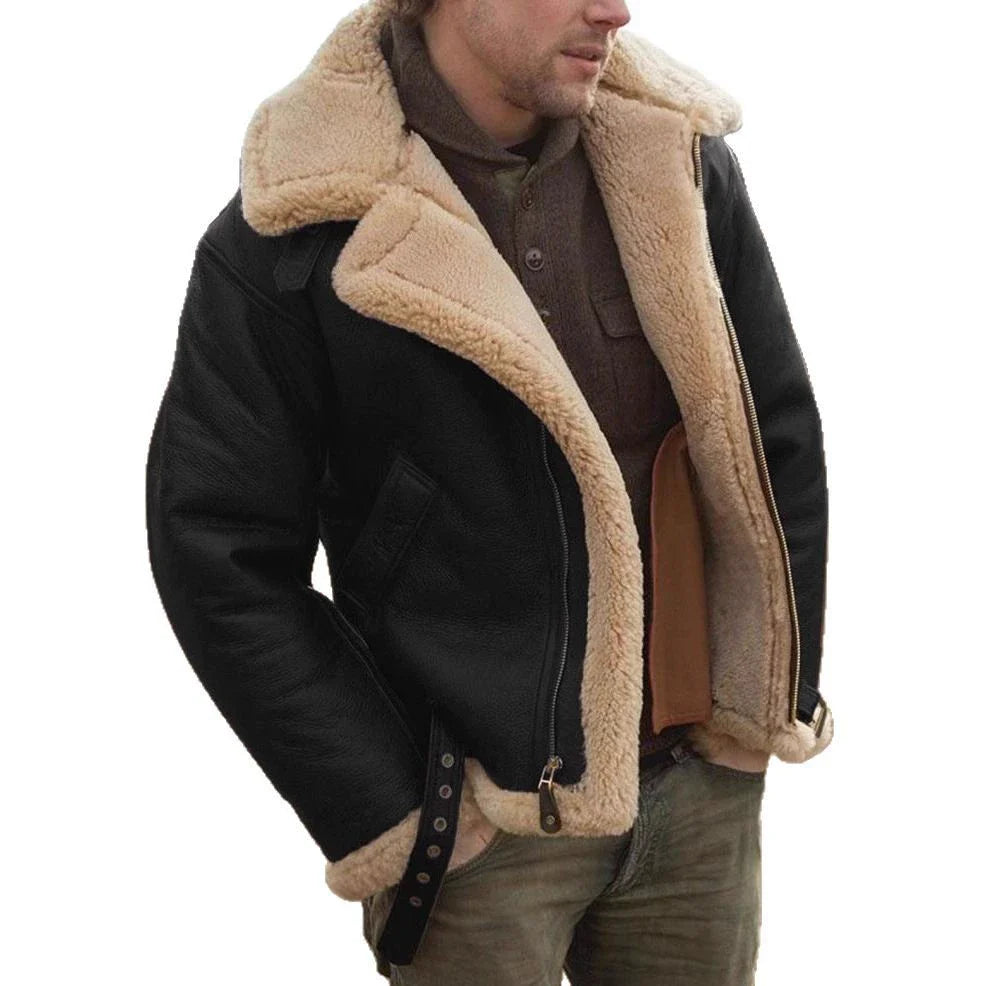 Men’s Aviator Jacket – Leather Build – Shearling Collar and Cuffs – Buckle Waist – Zip Front