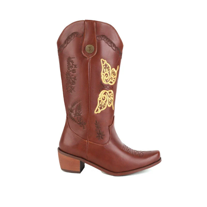 Women’s Western Boots – Mid-Calf Height – Embroidered Floral Detail – Pull-On Style – Block Heel