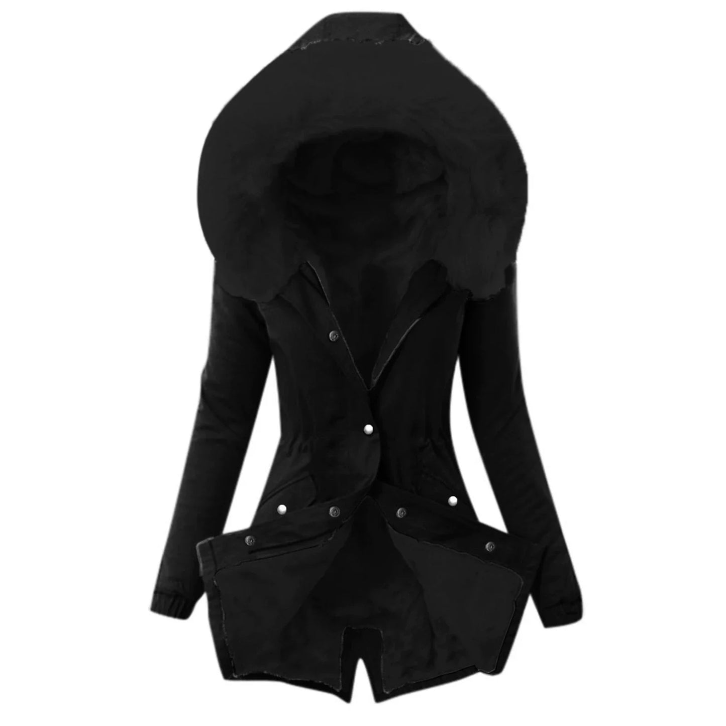 Women’s Jacket – Slim Fit – Plush-Lined Hood – Adjustable Waist – Mid-Length – Flap Pockets