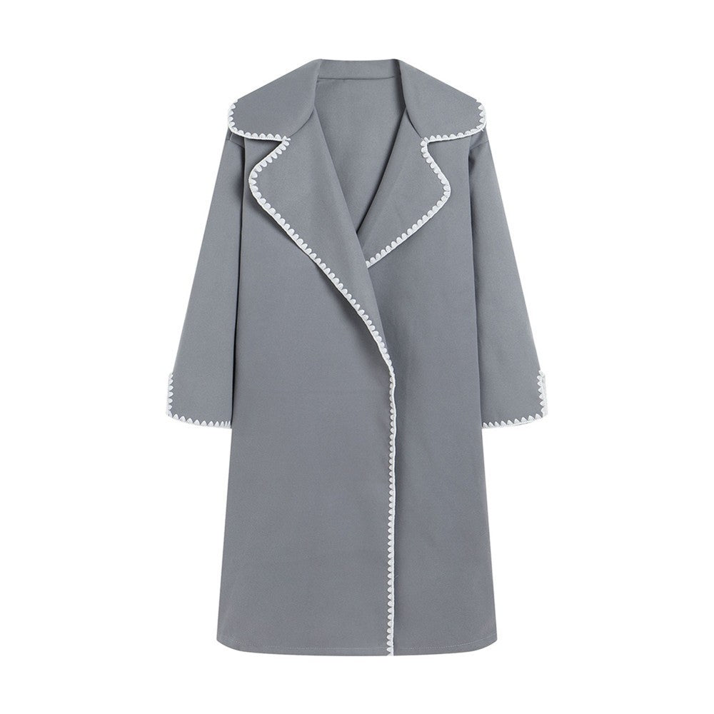 Women’s Windbreaker Jacket – Oversized Fit – Wool Feel – Lapel – Shell Embroidery