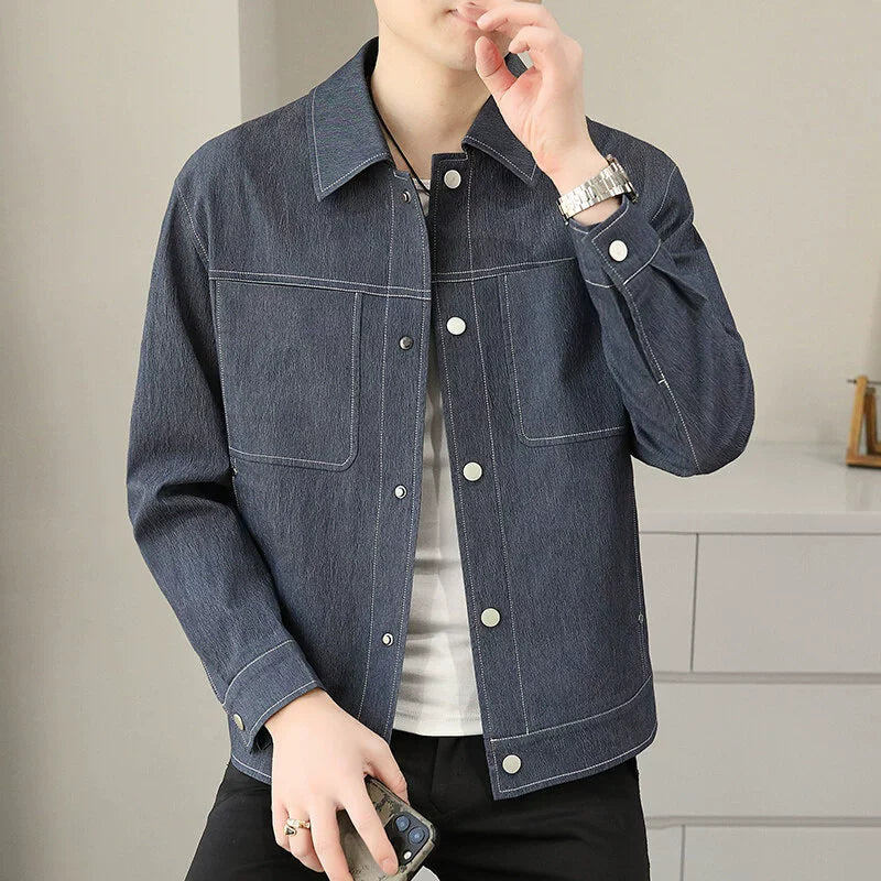 Men’s Casual Jacket – Relaxed Fit – Boxy Silhouette – Contrast Stitching – Button Front