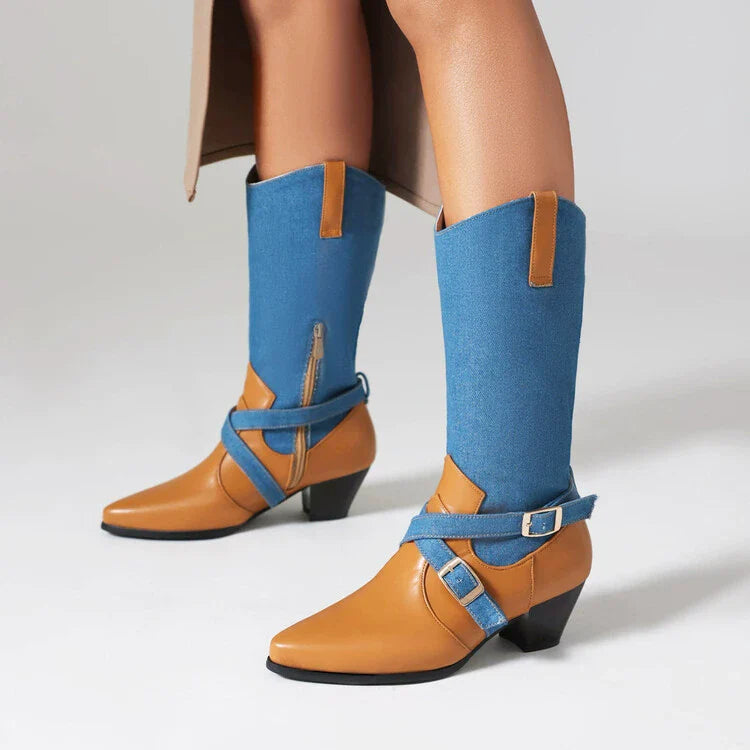 Women’s Mid-Calf Boots – Pointed Toe – Block Heel – Two-Tone – Zipper and Buckle