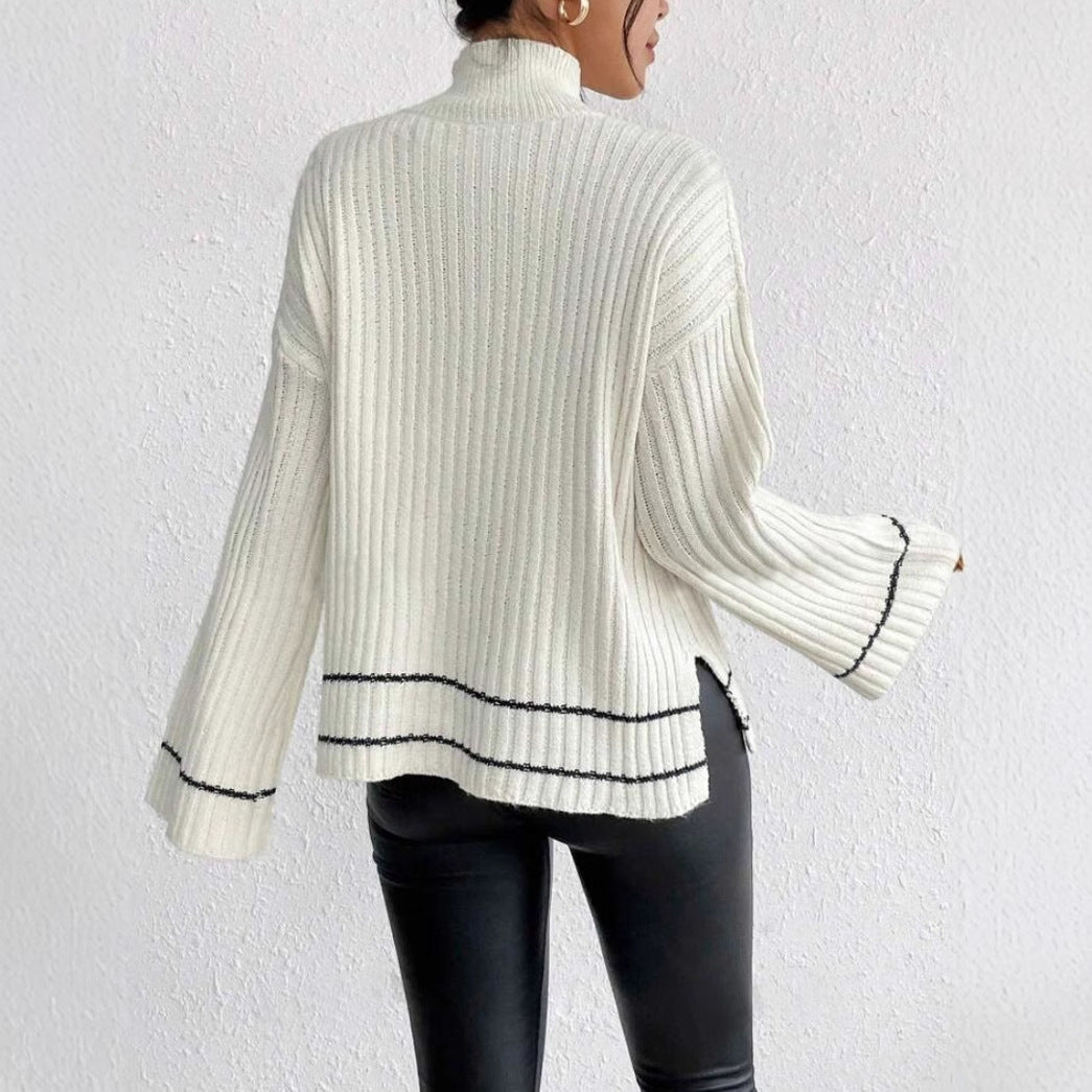 Women’s Knitted Sweater – Oversized Fit – Ribbed Texture – Mock Neck – Long Sleeve
