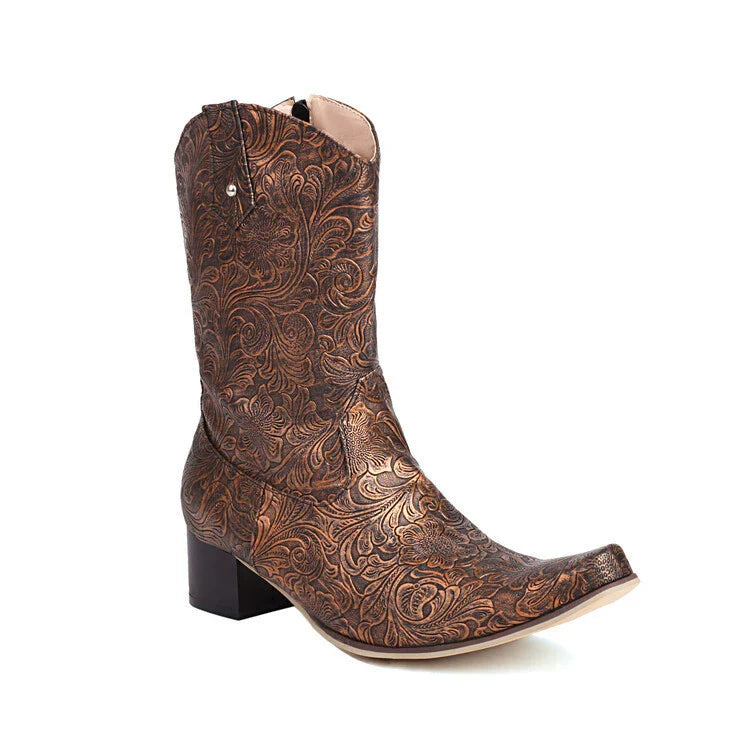 Men's Mid-Calf Boot – Embossed Floral Design – Pointed Toe – Low Block Heel – Zipper Closure