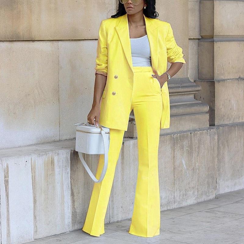 Women’s Blazer Pants Set – Relaxed Fit – Wide-Leg Trousers – Double-Breasted Blazer