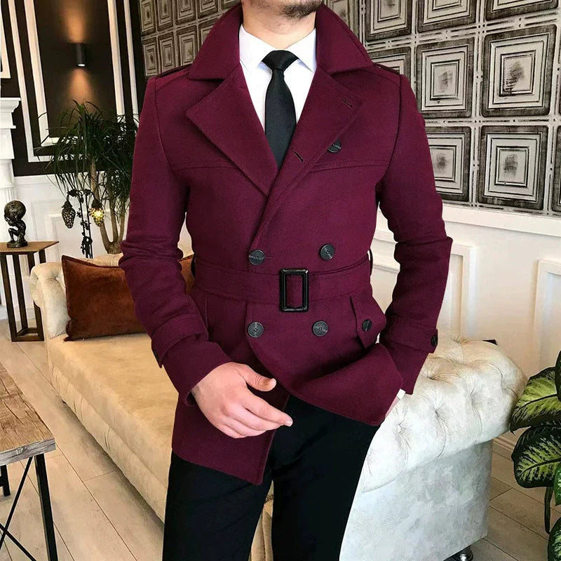 Men’s Double-Breasted Jacket – Tailored Fit – Wool Blend – Belted Waist – Notched Lapels