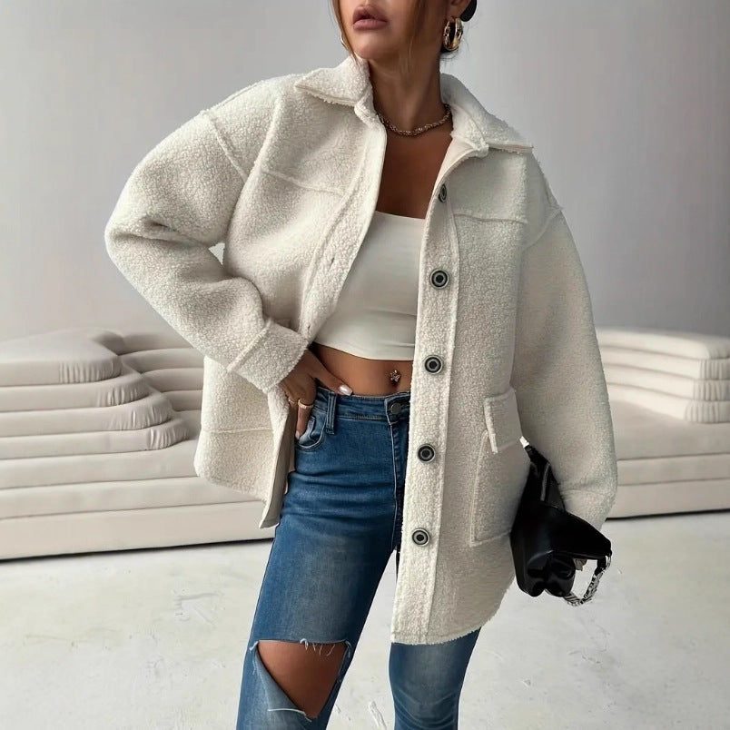 Women’s Coat – Oversized Fit – Plush Teddy Fleece – Lapel Collar – Patch Pockets