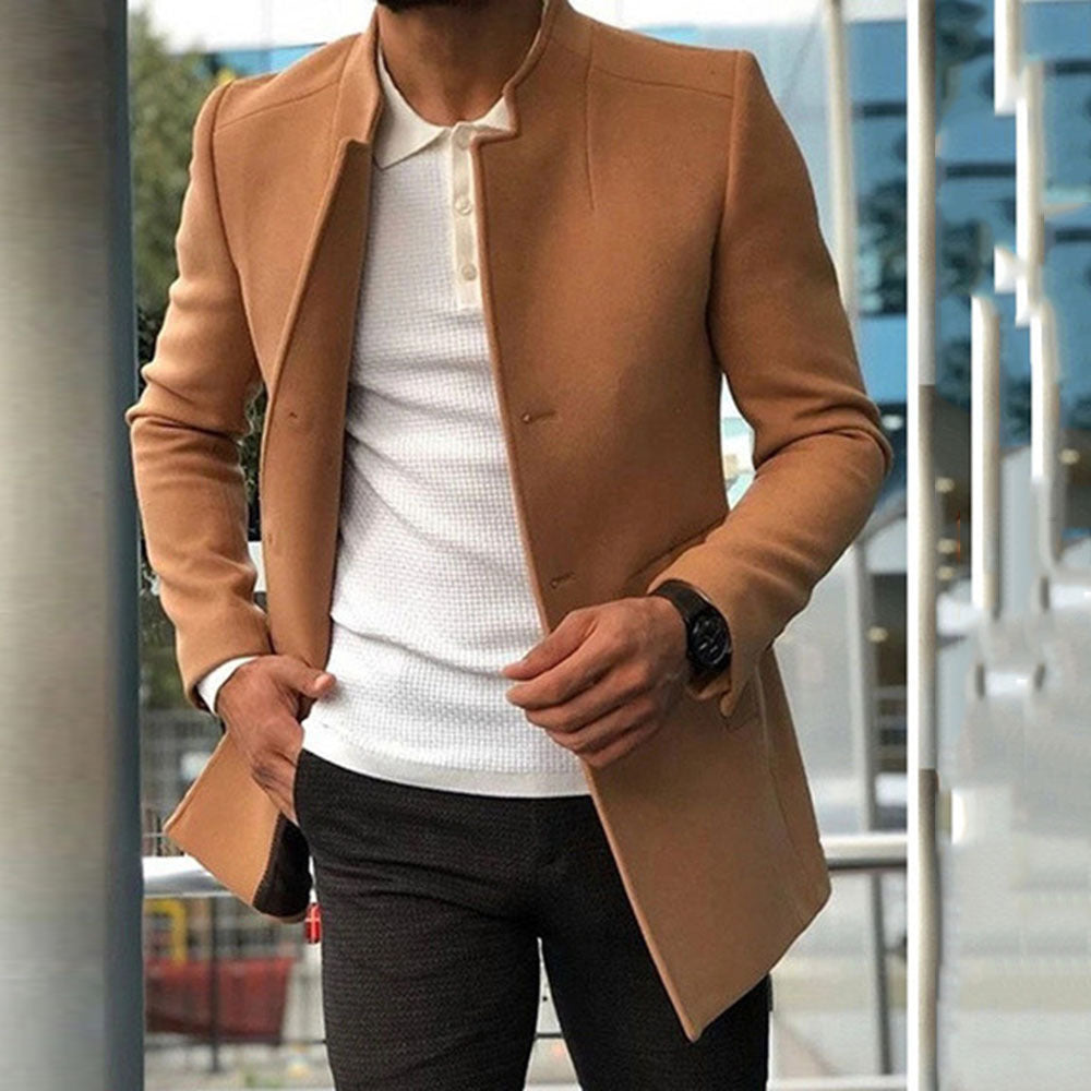 Men’s Overcoat – Slim Fit – Wool Blend – Standing Collar – Concealed Placket
