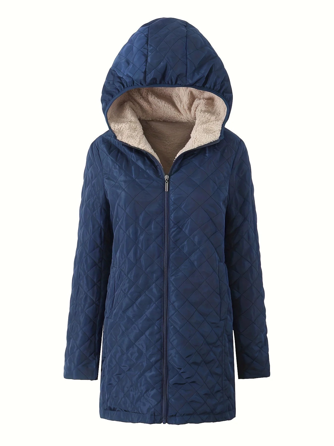 Women’s Quilted Hooded Jacket – Plush Lined – Relaxed Fit – Mid-Thigh Length – Zipper Front
