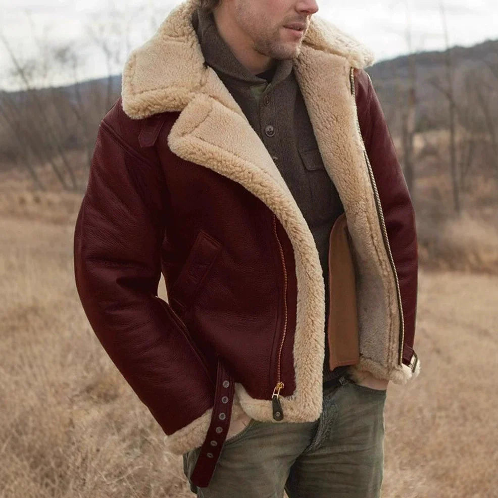 Men’s Aviator Jacket – Leather Build – Shearling Collar and Cuffs – Buckle Waist – Zip Front