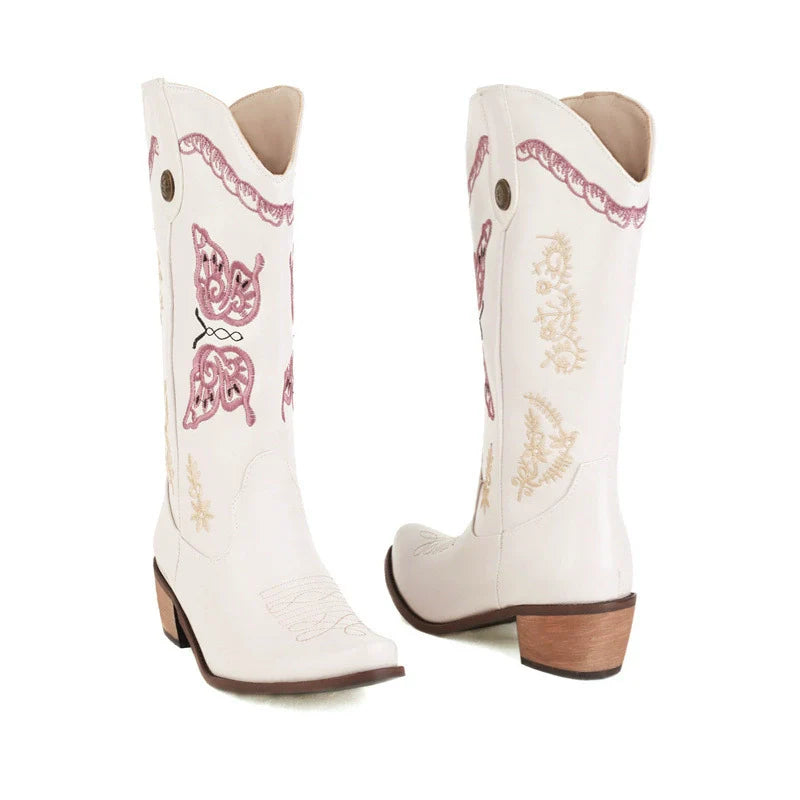 Women’s Western Boots – Mid-Calf Height – Embroidered Floral Detail – Pull-On Style – Block Heel