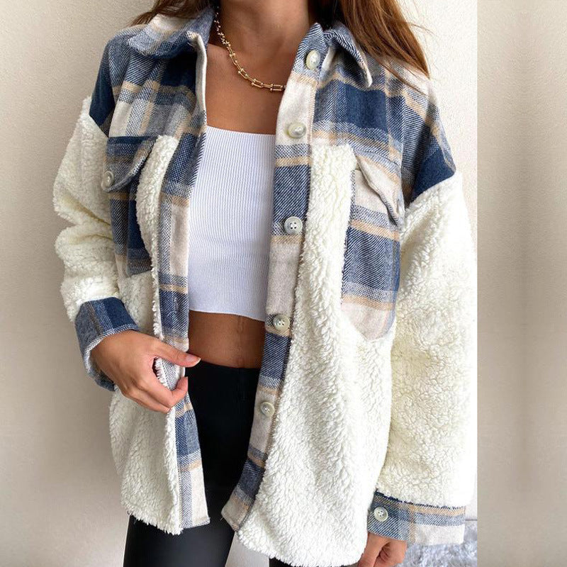 Women’s Shacket Jacket – Oversized Relaxed Fit – Sherpa Fleece – Plaid Wool Blend – Button Front