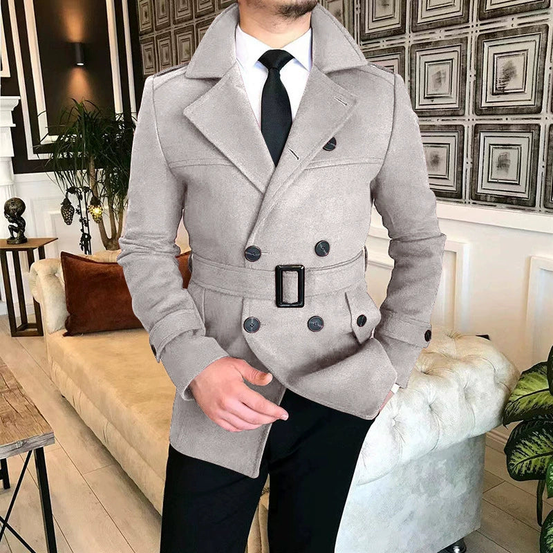 Men’s Double-Breasted Jacket – Tailored Fit – Wool Blend – Belted Waist – Notched Lapels