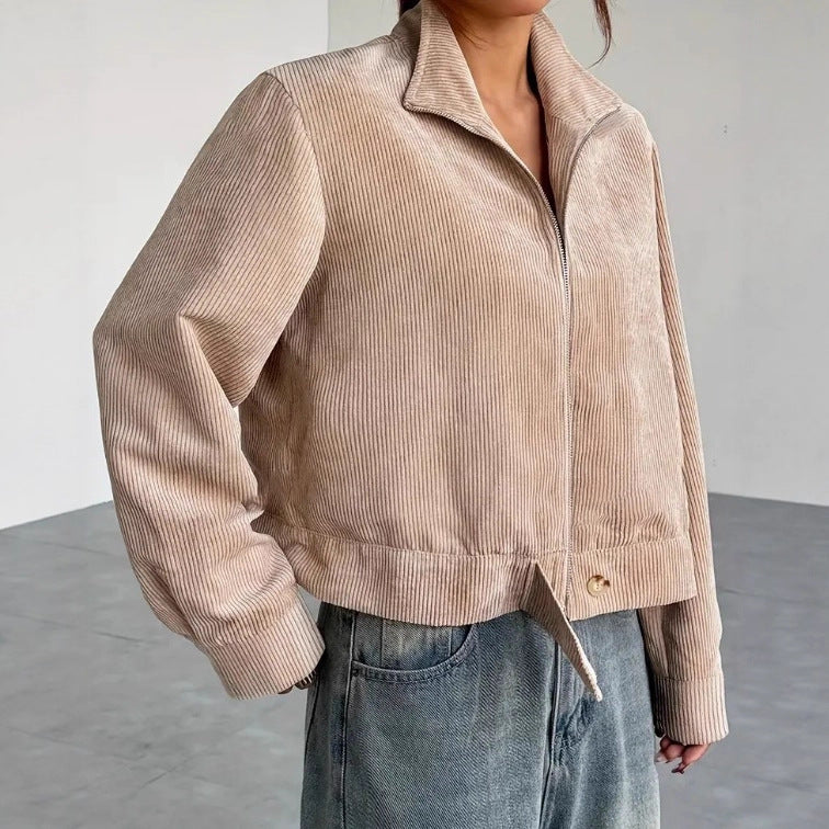 Women’s Corduroy Jacket – Relaxed Fit – Dropped Shoulder – Cropped Zip-Up – Wide Collar
