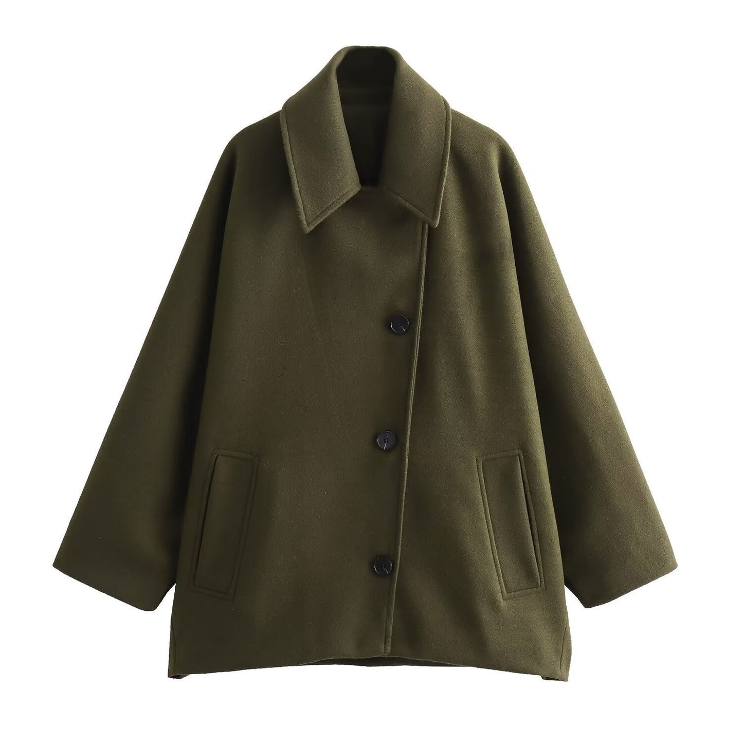Women’s Wool Jacket – Oversized Fit – Wide Collar – Button Front Medium Length