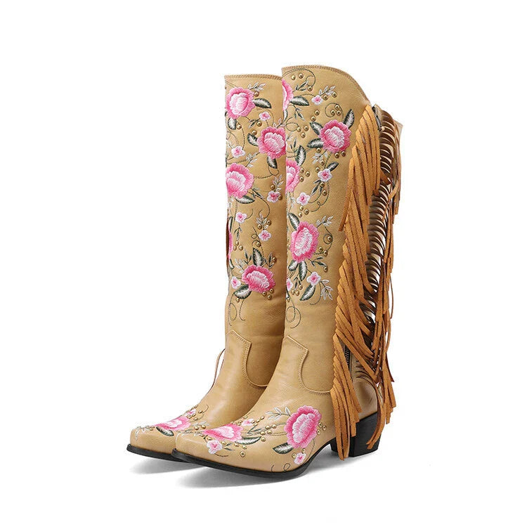 Women’s Knee-High Boots – Floral Embroidery – Fringe Tassels – Block Heel – Studded Trim