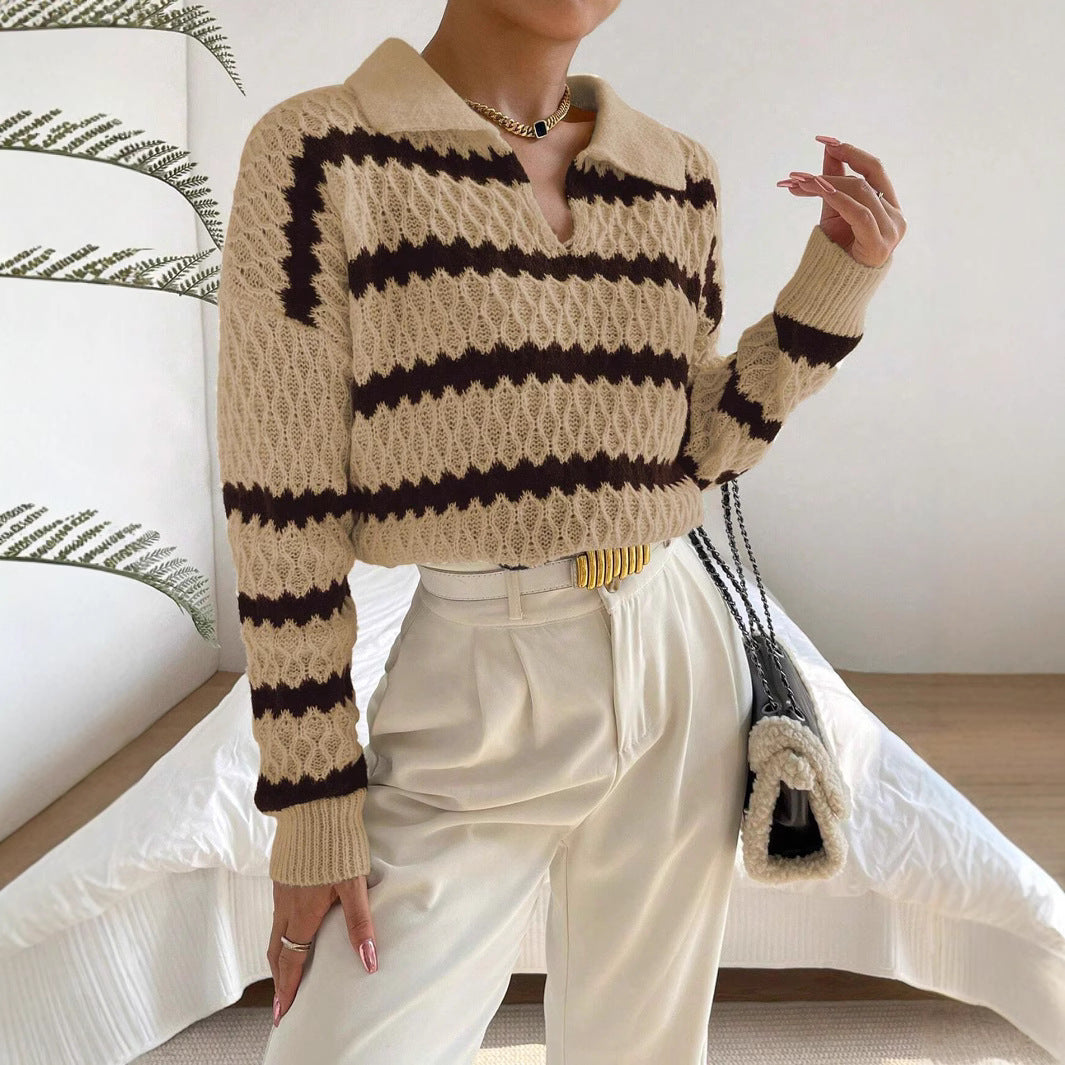 Women’s Pullover Sweater – Relaxed Fit – Knit Striped – Polo Collar – Hip Length