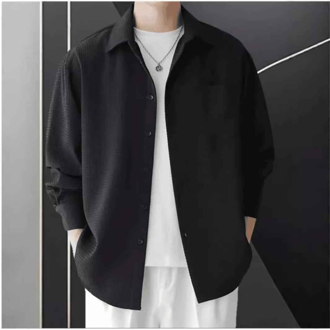 Men’s Button-Up Shirt – Waffle Knit – Oversized Fit – Long Sleeve – Casual Layer