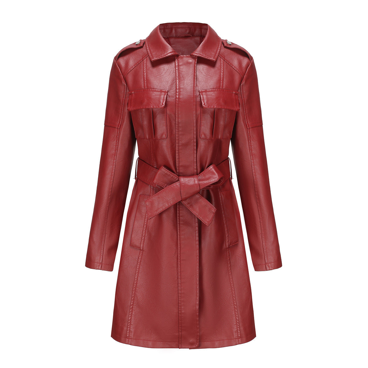 Women’s Mid-Length Jacket – Structured Fit – Faux Leather Look – Button Epaulets – Flap Pockets