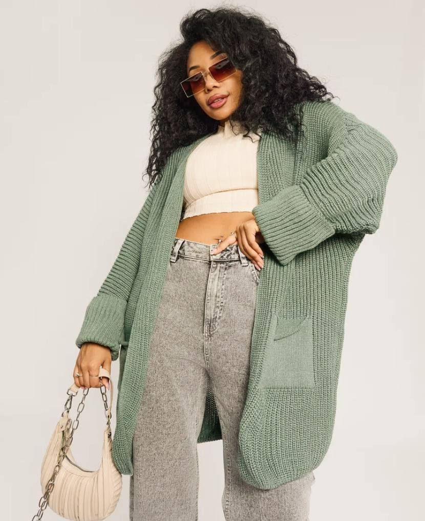 Women’s Cardigan – Oversized Fit – Knitted Wool-Like Fabric – Open Front – Front Pockets