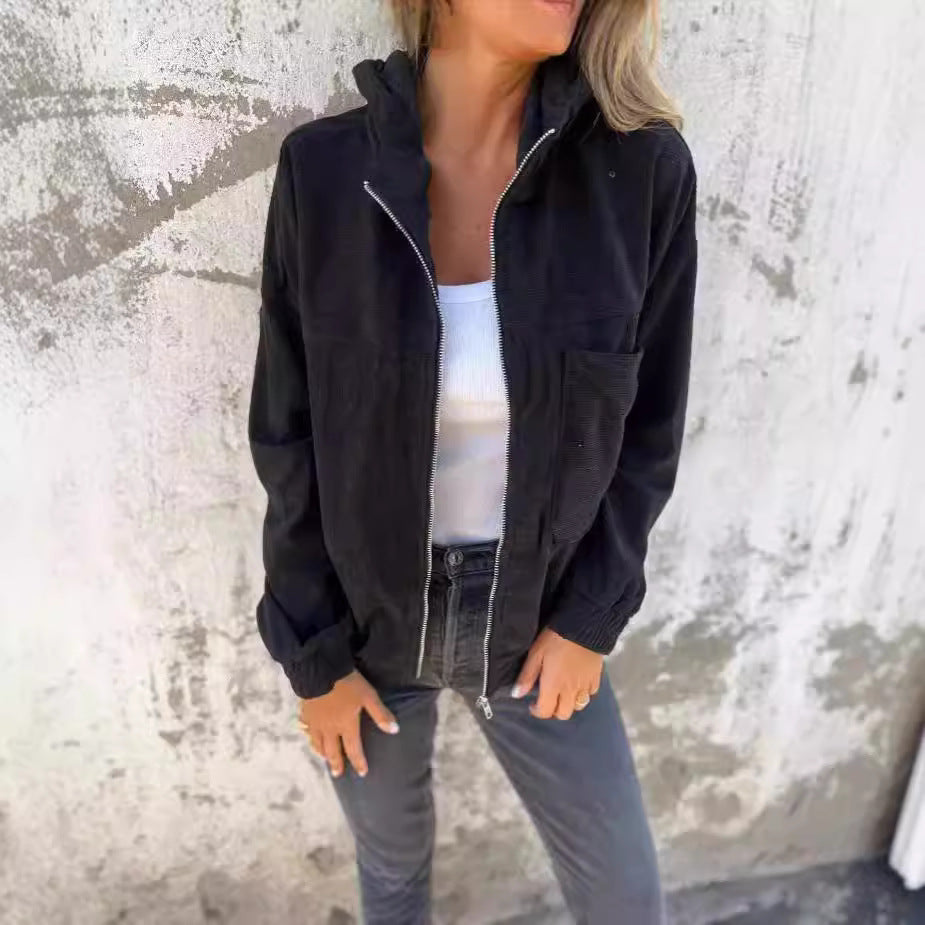 Women’s Hooded Jacket – Relaxed Fit – Corduroy Fabric – Zip Front – Elastic Cuffs