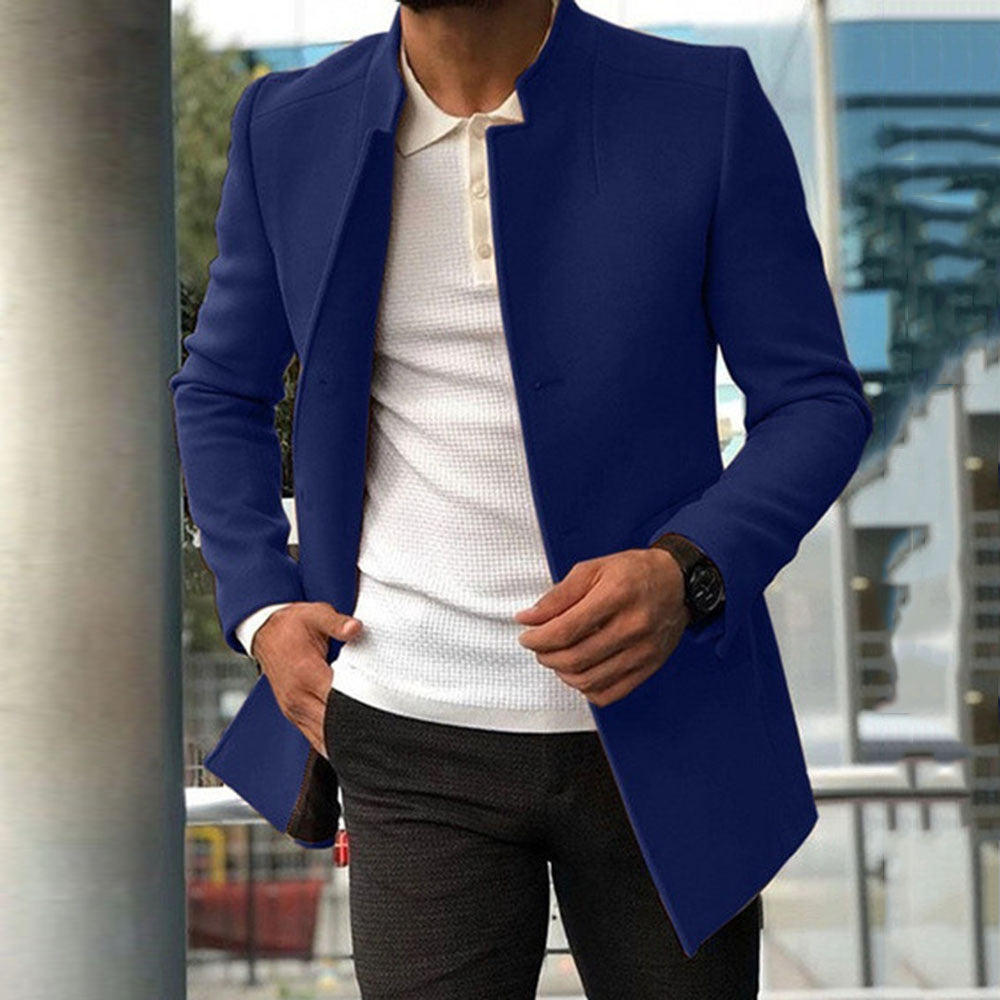 Men’s Overcoat – Slim Fit – Wool Blend – Standing Collar – Concealed Placket