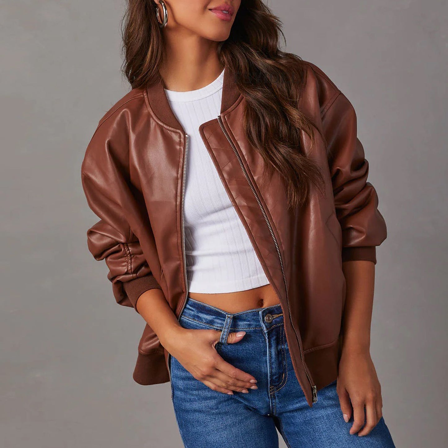 Women’s Leather Jacket – Oversized Fit – Ribbed Trim – Zip Front – Casual Layering