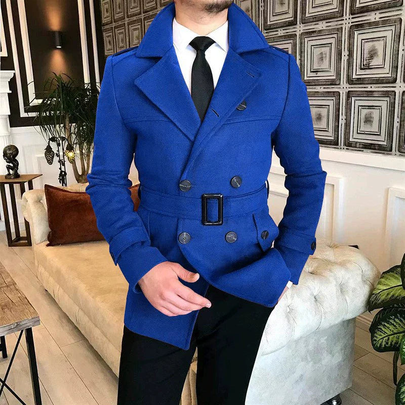 Men’s Double-Breasted Jacket – Tailored Fit – Wool Blend – Belted Waist – Notched Lapels