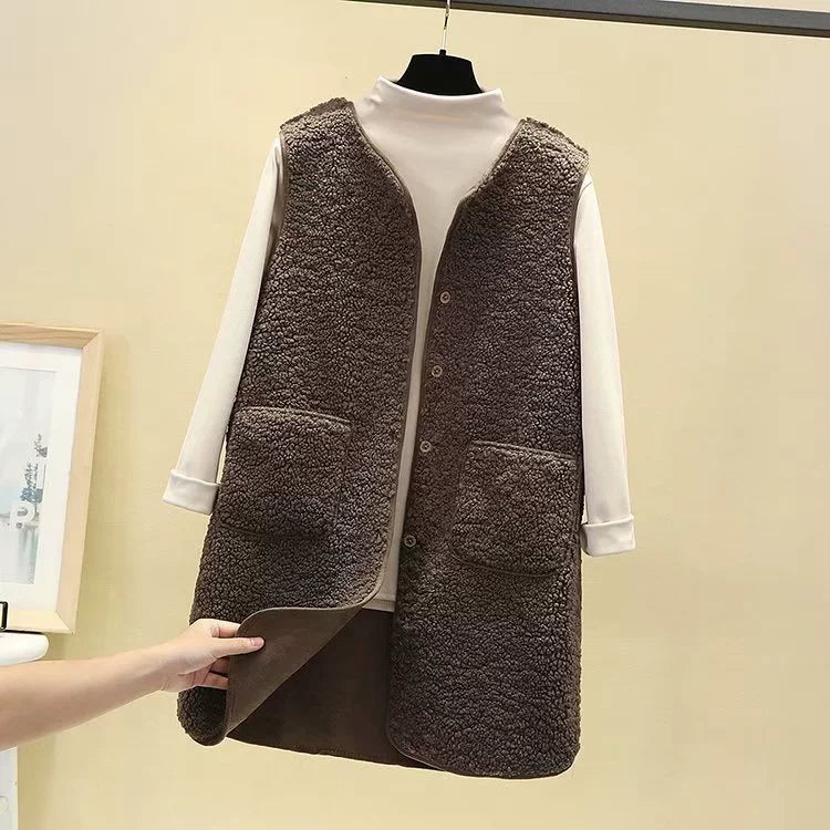 Women’s Longline Vest – Textured Fleece – Relaxed Fit – Open Front with Pockets