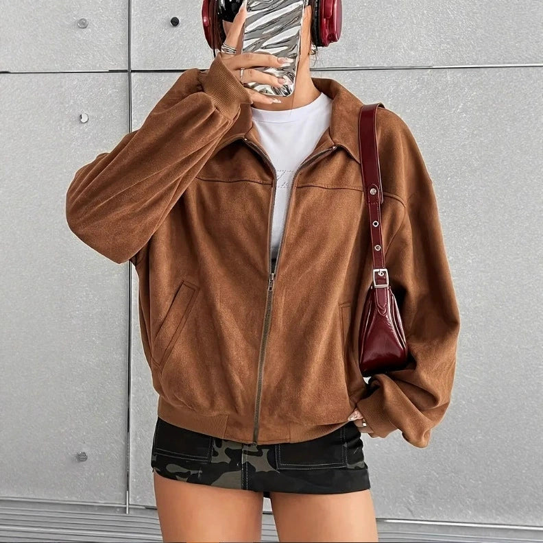 Women’s Zipper Jacket – Oversized Relaxed Fit – Lapel Collar – Ribbed Trim – Hip Length
