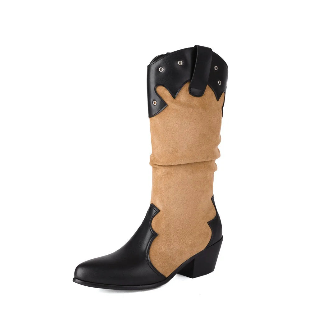 Women’s Mid-Calf Boots – Slouchy Fit – Western Style – Stud Accents – Block Heel
