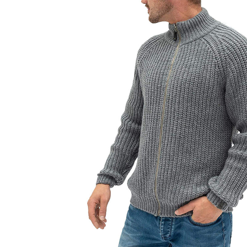 Men’s Cardigan – Chunky Knit Wool – Full-Zip – High Collar – Raglan Sleeve – Regular Fit
