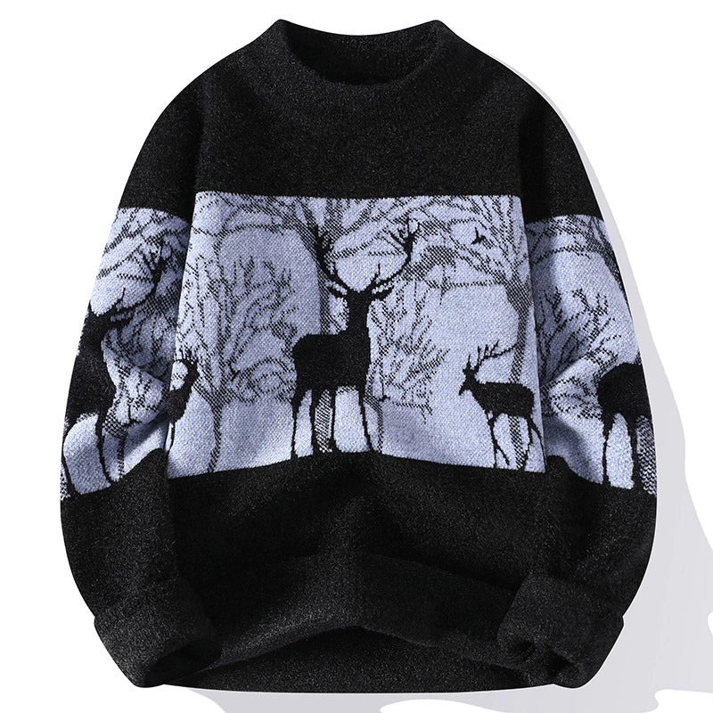 Men’s Pullover Sweater – Loose Fit – Wool Knit – Mock Neck – Deer Pattern – Ribbed Trim