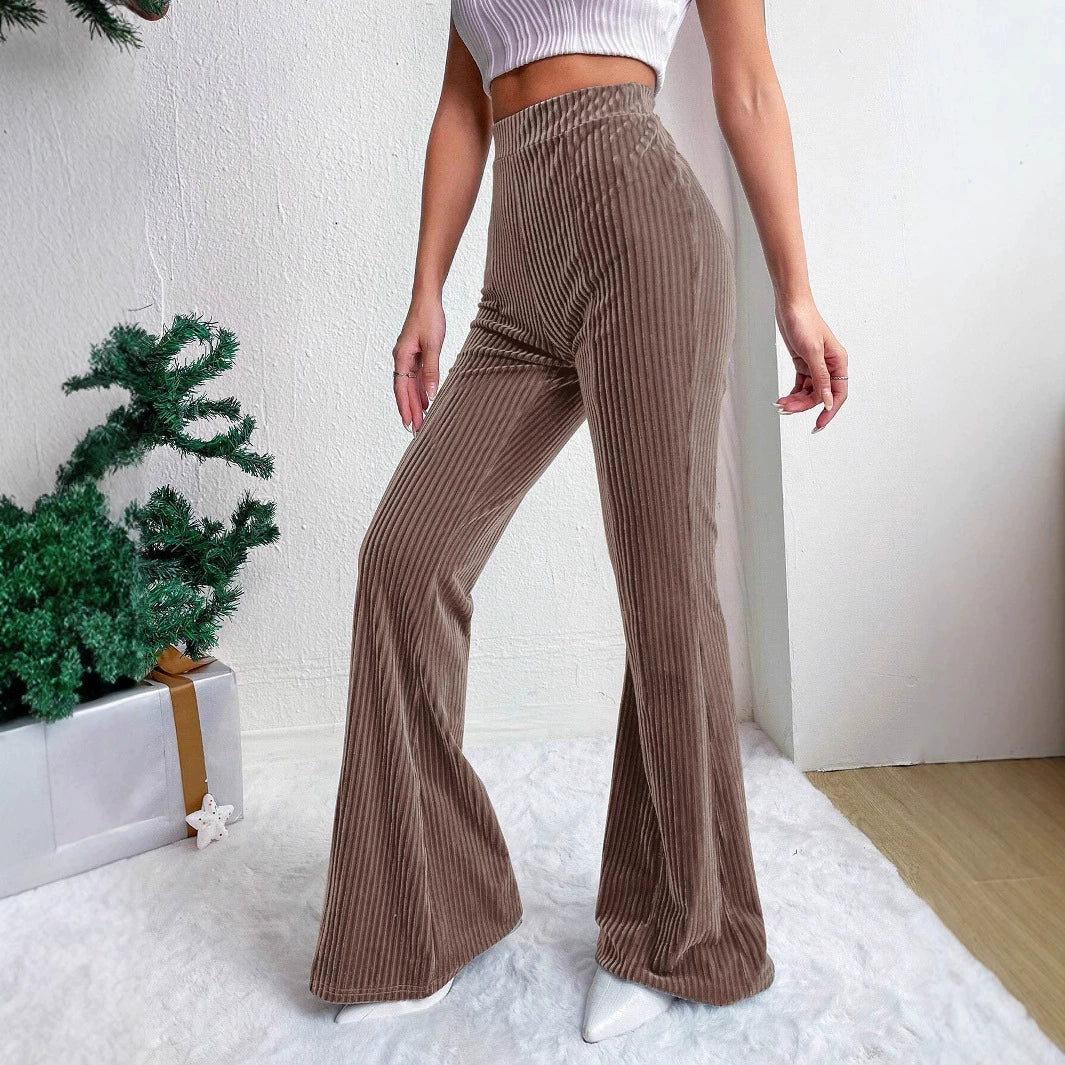 Women’s Flared Pants – High Waist Pull-On Fit – Ribbed Texture – Wide Leg Full Length
