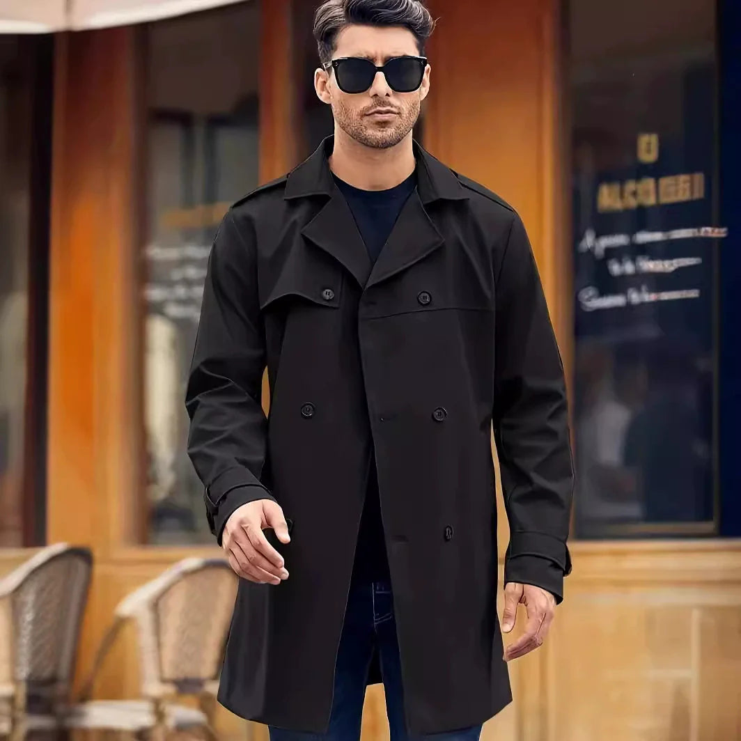 Men’s Trench Coat – Regular Fit – Double-Breasted – Cotton Blend – Storm Flap – Mid-Thigh Length