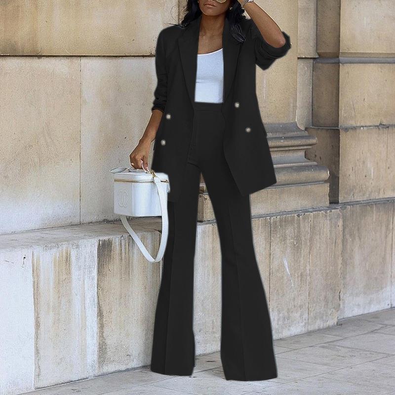 Women’s Blazer Pants Set – Relaxed Fit – Wide-Leg Trousers – Double-Breasted Blazer