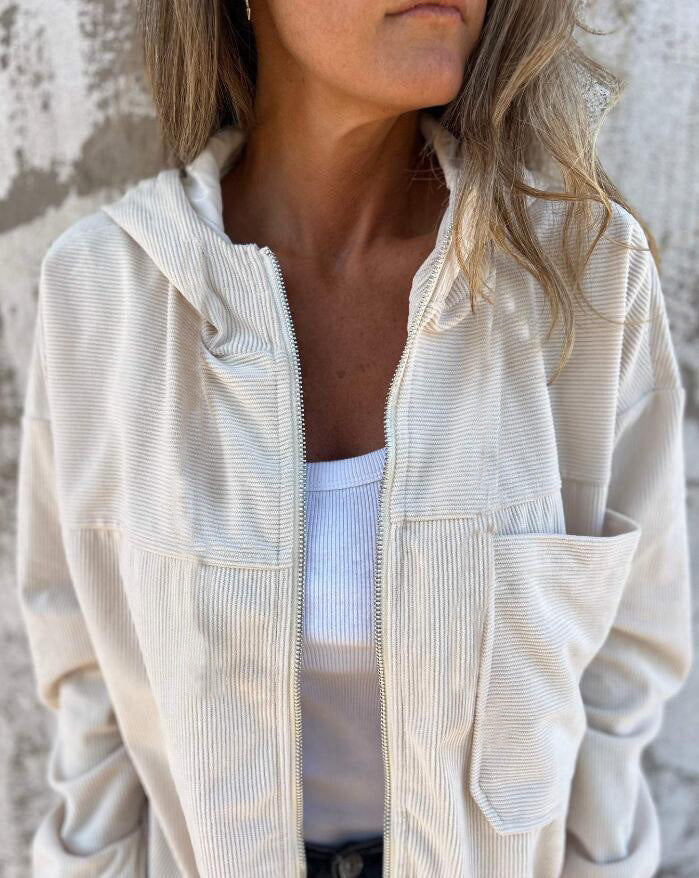 Women’s Hooded Jacket – Relaxed Fit – Corduroy Fabric – Zip Front – Elastic Cuffs