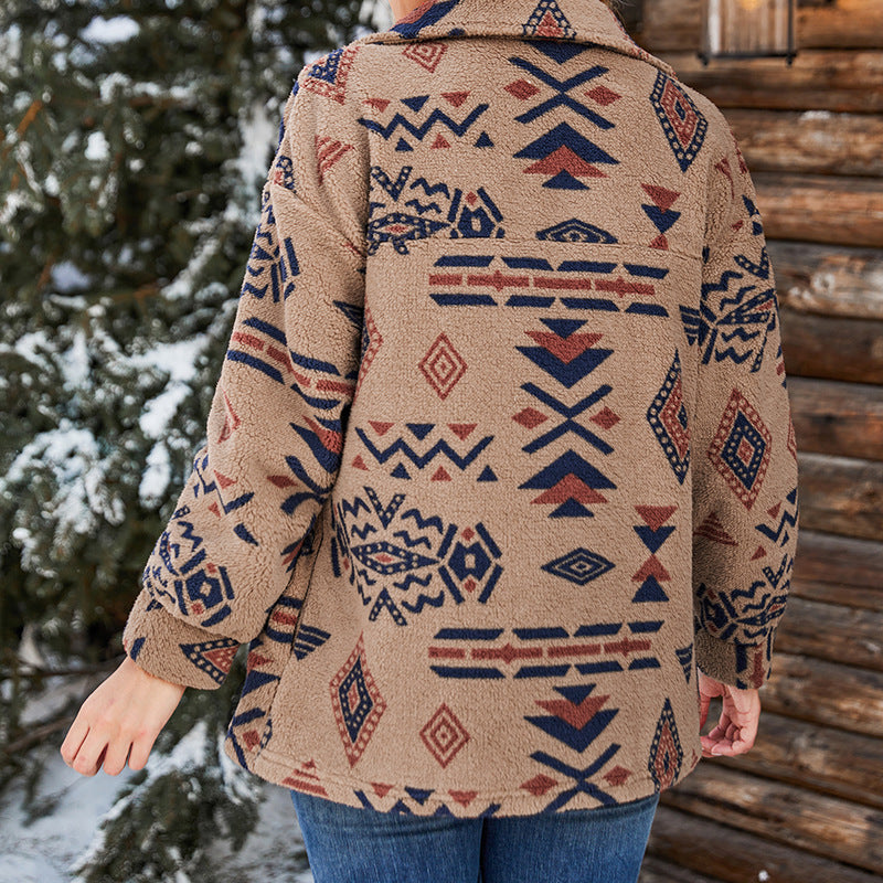 Women’s Jacket – Oversized Fit – Fuzzy Texture – Geometric Pattern – Lapel Collar – Button Front