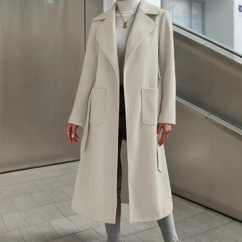 Women’s Long Coat – Relaxed Fit – Wool Blend – Open Front – Notch Lapels – Tie Waist