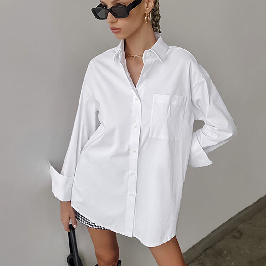 Women’s Button-Up Shirt – Cotton Blend – Oversized Fit – Long Sleeve Casual Top