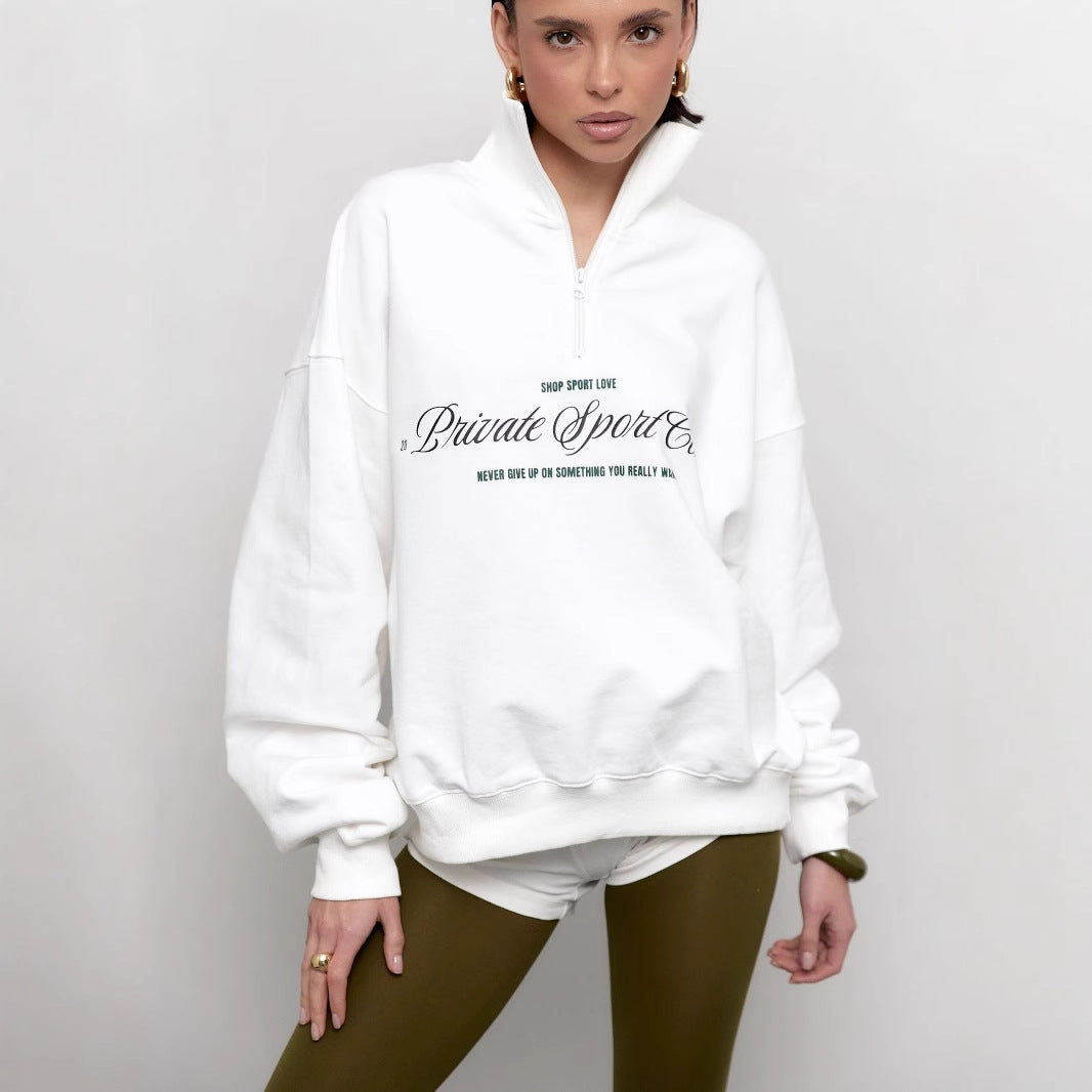 Women’s Sweatshirt – Oversized Fit – Cotton Blend – Half Zip – Graphic Letter Print