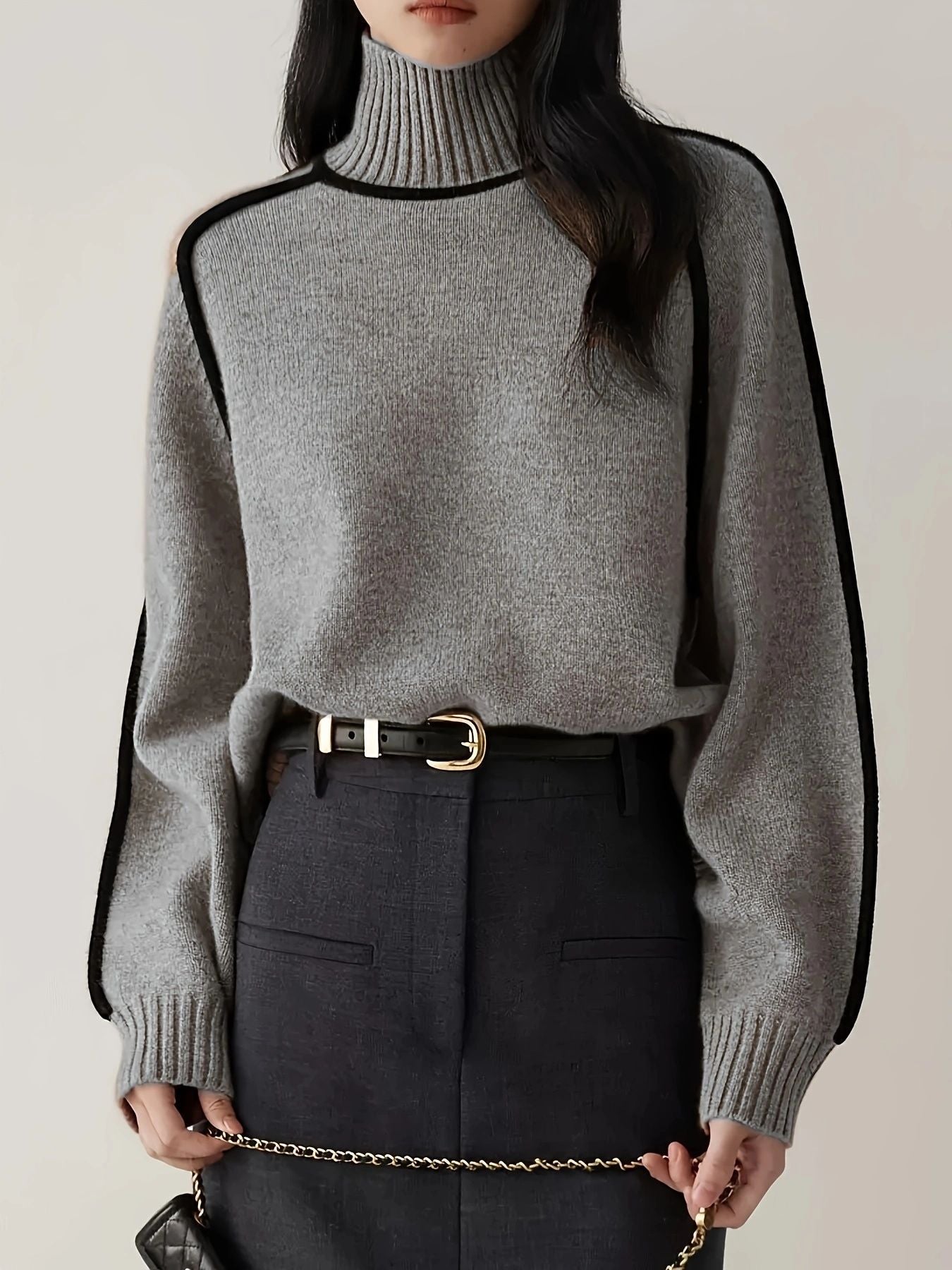 Women’s Turtleneck Top – Relaxed Fit – Soft Knit – Ribbed Trim – Contrast Piping