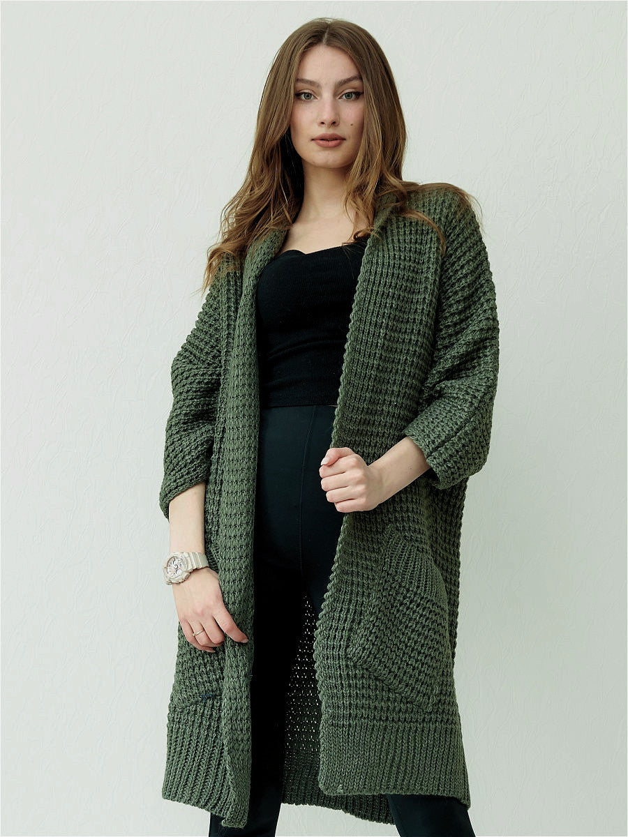 Women’s Knitted Coat – Oversized Fit – Chunky Wool Texture – Open Front – Patch Pockets