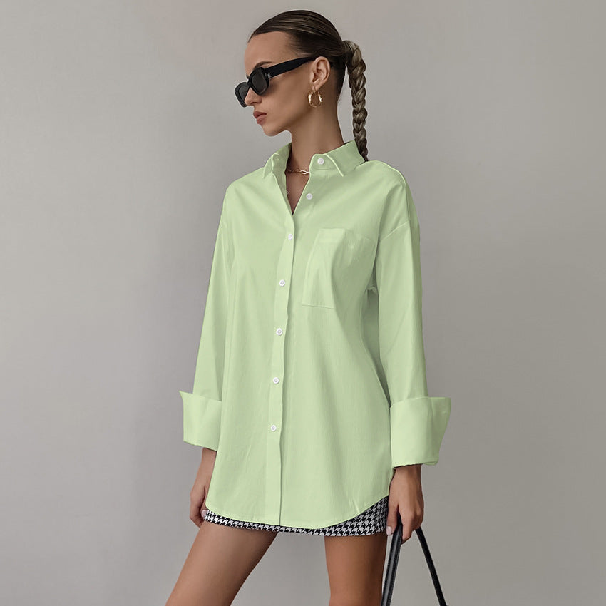 Women’s Button-Up Shirt – Cotton Blend – Oversized Fit – Long Sleeve Casual Top