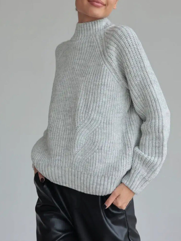 Women’s Knit Sweater – Wool Blend – Loose Fit – Mock Neck – Raglan Sleeve – Ribbed