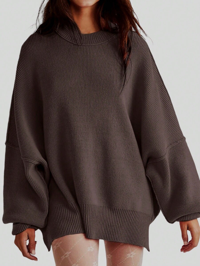 Women’s Pullover Knit Sweater – Oversized Fit – Textured Finish – Side Slits – Crew Neck