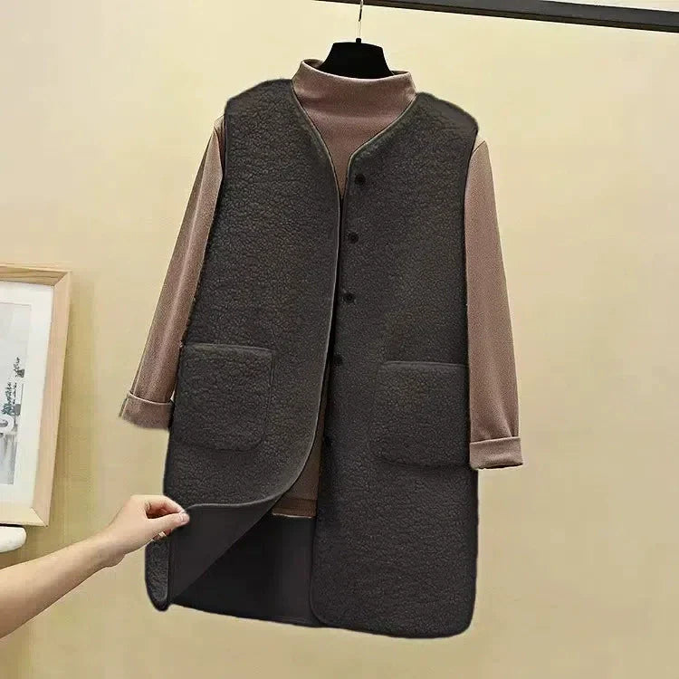 Women’s Longline Vest – Textured Fleece – Relaxed Fit – Open Front with Pockets